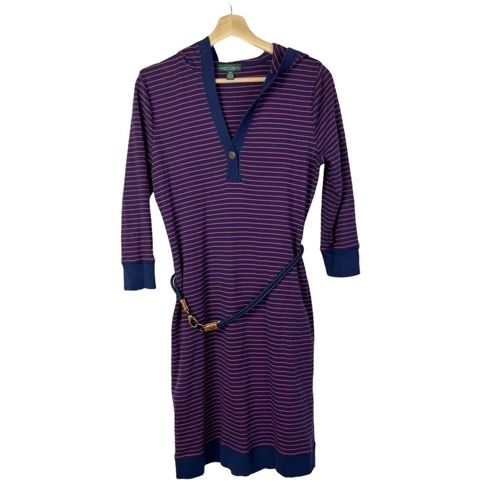 Lauren Ralph Lauren Red & Blue Stripe Hooded Jersey Dress S